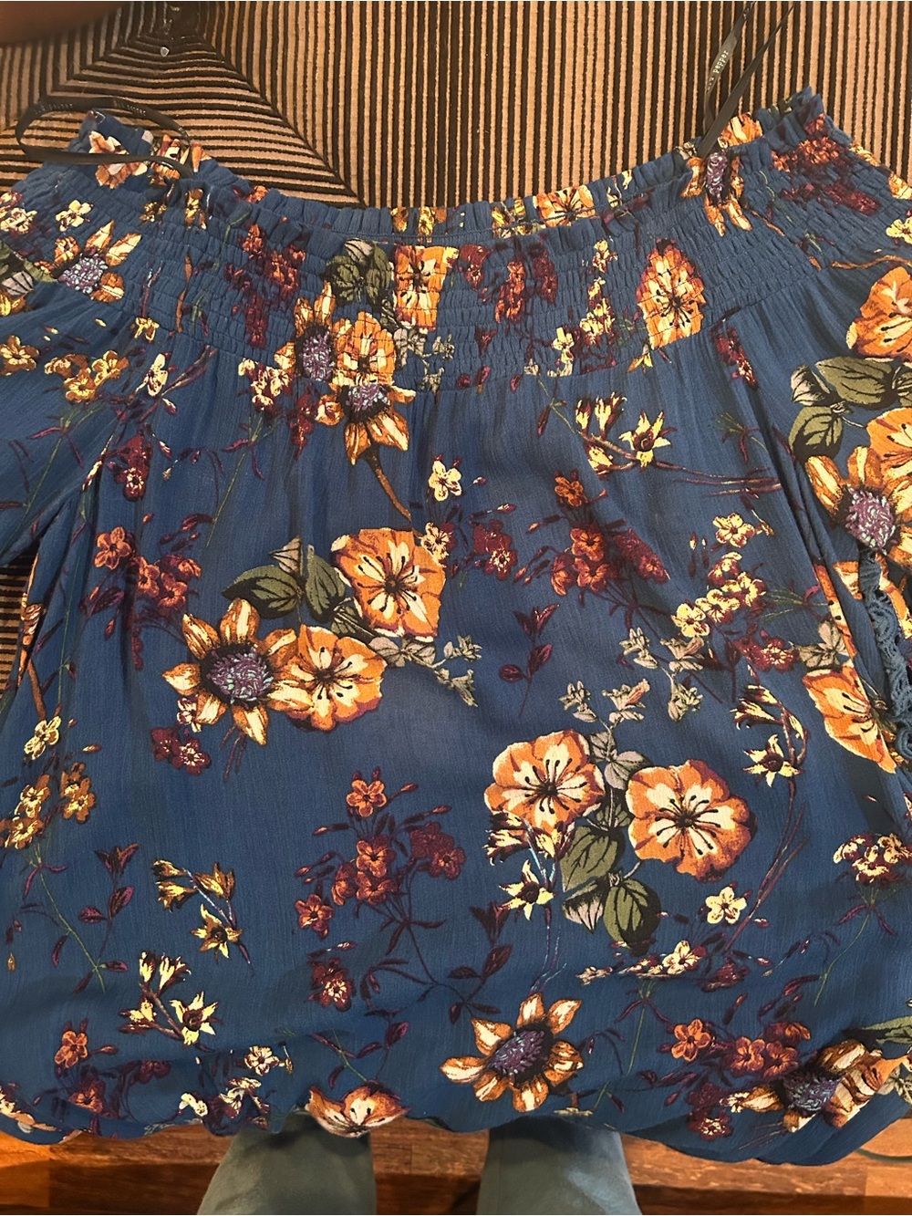 Blue Floral Off-Shoulder Midi Dress- Women's Casual